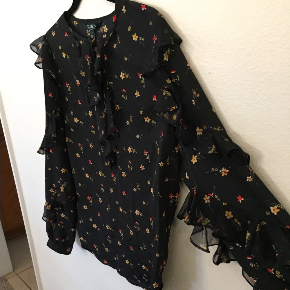 Lauren Ralph Lauren Black Floral Ruffle Blouse - Picture 6 of 8